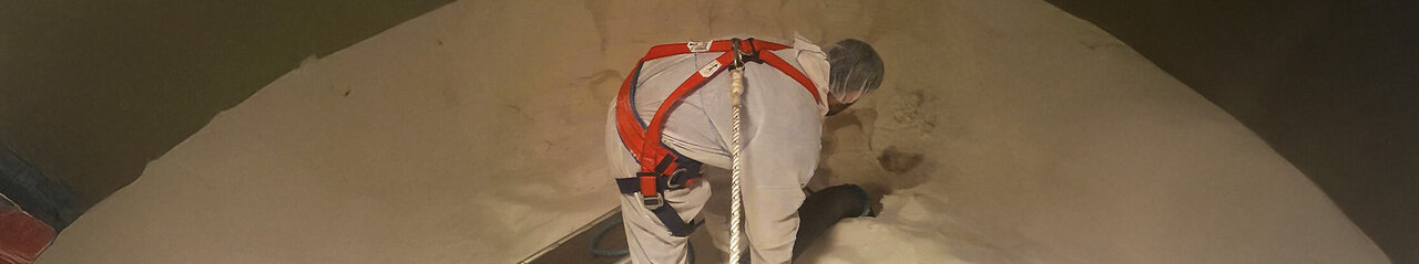 Ein Mitarbeiter in weißem Ganzkörperanzug, Haarnetz und einem roten Geschirr, das an dem ein Seil befestigt ist, steht mittig in einem Tank auf weißem Pulver. Der Mitarbeiter hält mit beiden Händen ein Rohr womit es das Pulver vermutlich aufsaugt, links neben ihm ist ein schwarze Brett um aus dem Tank ein- oder auszusteigen.